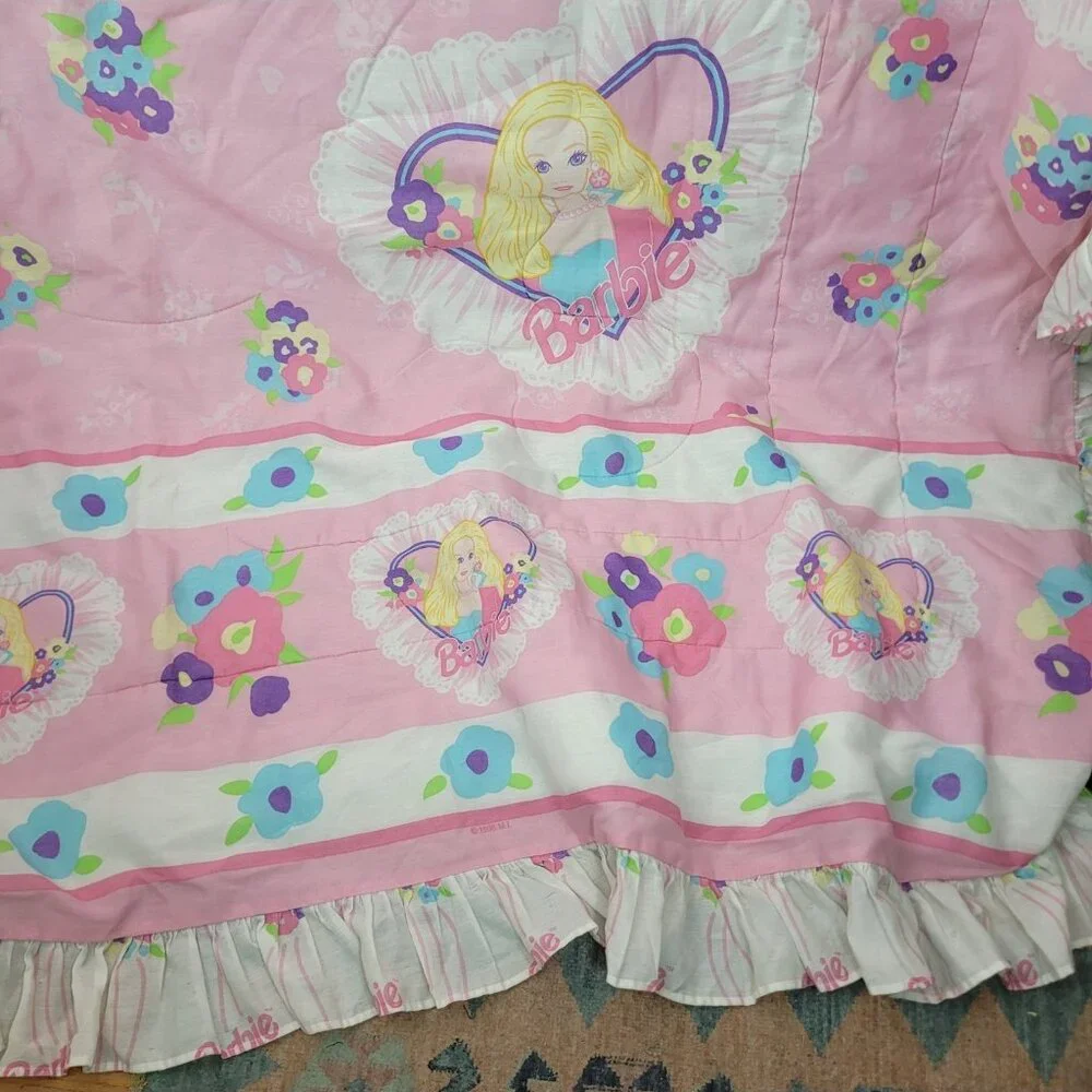 Vintage 90s Mattel 2 Sided Barbie Floral Comforter Twin XL Full 82